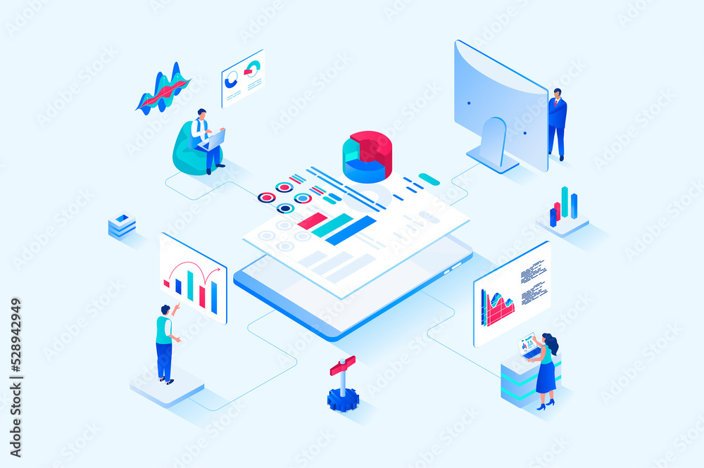 Poster Data analysis 3d isometric web design. People work with charts, diagrams and graphs, make financial reports for company and business accounting, auditing and analytics. Web illustration