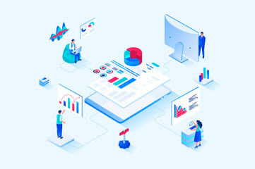 Data analysis 3d isometric web design. People work with charts, diagrams and graphs, make financial reports for company and business accounting, auditing and analytics. Web illustration - obrazy, fototapety, plakaty