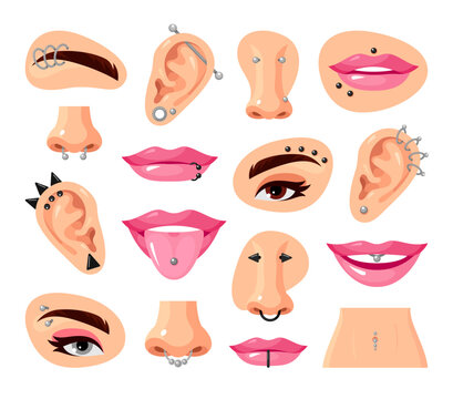 Piercing on woman face body parts set vector flat metallic earrings in nose ears eyebrows