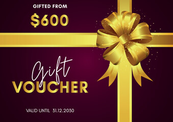 600 Dollar Gift voucher template design with golden bow on magenta background. Premium design for Discount gift coupons, vouchers, gift certificate, gift card, banner, internet ads, social media gift.