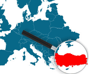 Magnifying glass pointing at Turkey map