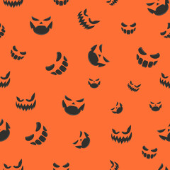 Pumpkins and creepy faces. Vector halloween seamless patterns collection in orange, black and white colors. Best for textile, print, wrapping paper and festive decoration. Pumpkin background. 