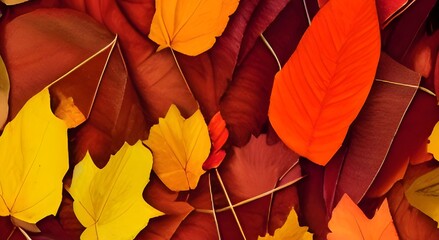 Fototapeta na wymiar Red and orange autumn leaves background. Outdoor. Colorful background image of fallen autumn leaves perfect for seasonal use. Space for text.