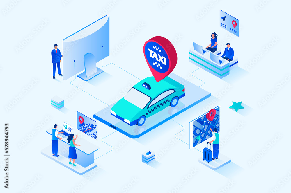 Poster taxi service 3d isometric web design. people calling taxi, booking car for moving around city or tra