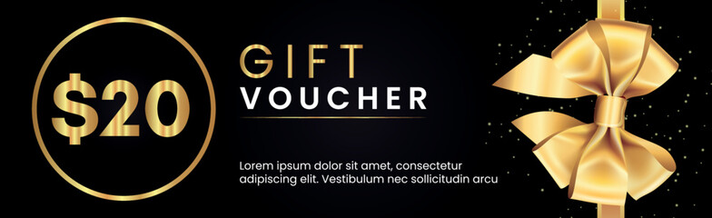 20 Dollar Gift voucher template design with gold bow and gold circle frames on black background. Premium design for Discount gift coupons, vouchers, gift certificates, gift card, banner.