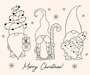 Cute christmas Scandinavian gnomes. New year gnome with christmas tree, garland and Christmas ball and caramel stick. Vector illustration. Linear hand drawing Doodle. Isolated winter characters.