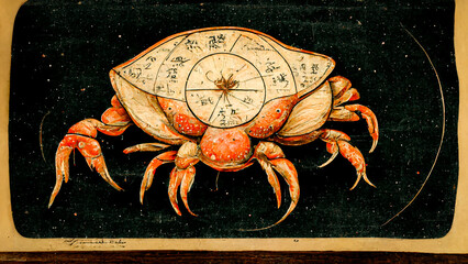 Astrological sign of Cancer, engraving and drawing on a wooden board, antique wood, for astrologer and horoscope, balance