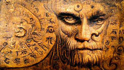 Astrological sign of sagittarius, engraving and drawing on a wooden board, antique wood, for astrologer and horoscope, centaur