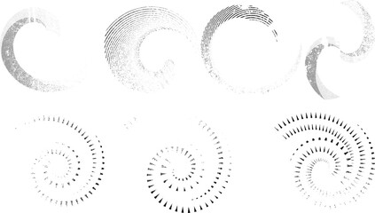 Grunge lines in Circle Form . Spiral Vector Illustration .Textured round Logo . Design element . Abstract Geometric circular shapes .Rotating grunge radial line. Concentric circles