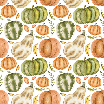 Watercolor seamless pattern with orange, green, beige pumpkins, squashes, oak leaves, forest foliage. Fall vintage background