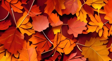 Naklejka na ściany i meble Red and orange autumn leaves background. Outdoor. Colorful background image of fallen autumn leaves perfect for seasonal use. Space for text.