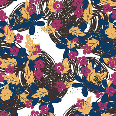 Fototapeta premium Abstract colorful messy doodle flower seamless pattern. Fantasy floral background. Ditsy floret texture.