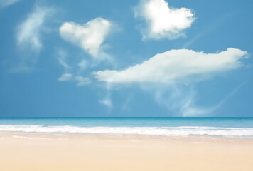 Fototapeta na wymiar romantic blue sky white clouds in heart symbol on sea at beach
