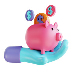 3D illustration piggy bank and hand