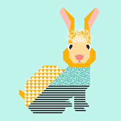 Rabbit in Memphis style. Abstract modern illustration of simple shapes. New Year card. Symbol of 2023. Cute character.