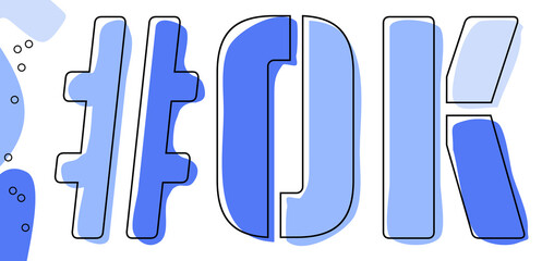 OK Hashtag. Isolate curves doodle letters. Blue colors. Hashtag #OK is abbreviation for the US American Oklahoma for social network, web resources, mobile apps.