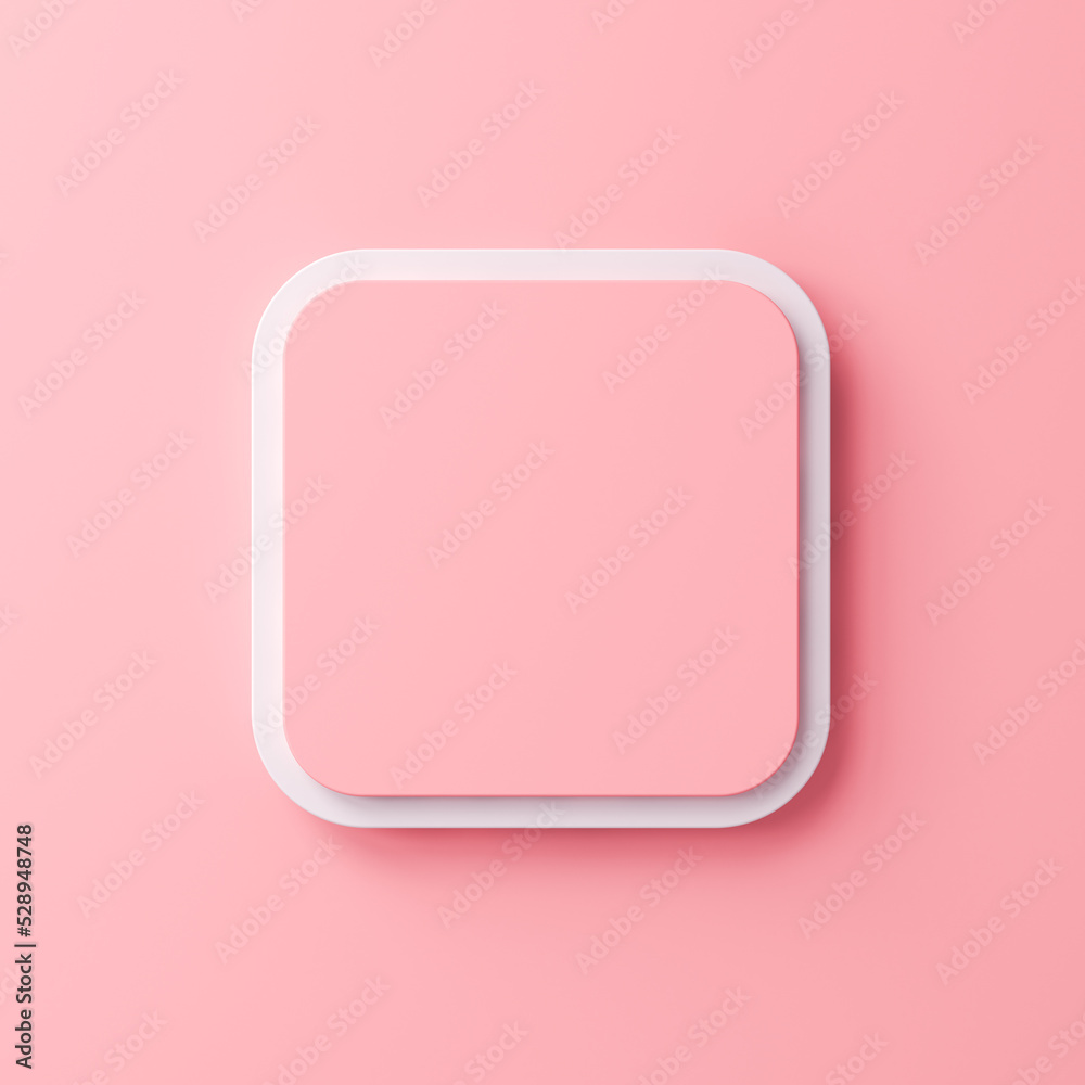 Poster Blank minimal round square button or empty pink square sign isolated on light pink pastel color background with shadow minimalism design conceptual 3D rendering