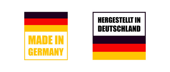 Made in Germany label set. Made in Germany stamp. Big set of label, stickers, pointer, badge, symbol and page curl with German flag icon on design element. 