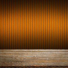 The background is blank wooden boards and a textured striped wall with gradient lighting and...