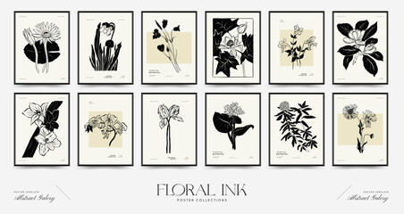 Fototapeta na wymiar Abstract floral posters template collection. Modern Botanical trendy black style. Vintage flowers. Ink wall art.