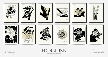 Abstract floral posters template collection. Modern Botanical trendy black style. Vintage flowers. Ink wall art.