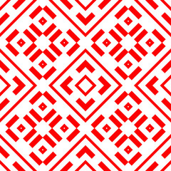 Red repeated geometric figures on white background. Seamless surface pattern design with symmetrical rhombuses, rectangles and brackets ornament. Polygons wallpaper. Geometrical motif. Digital paper