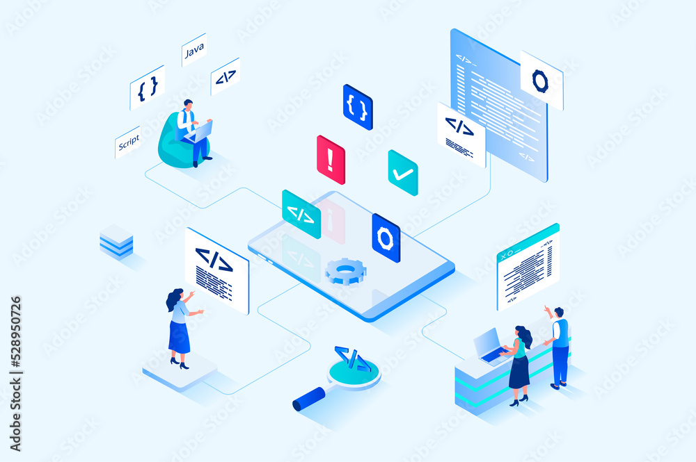 Aufkleber Web development 3d isometric design. People designers create and optimize code, programming at java script, settings pages, build site layouts and places navigation buttons. Web illustration