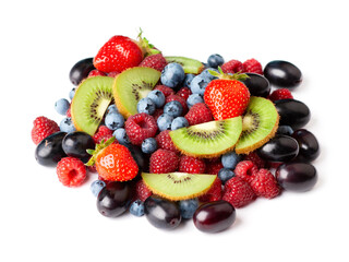 Obraz premium Fruits. Berries on white background. Fresh mixed fruit closeup