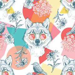 Seamless pattern with wolf, bird, geometric shapes and wildflowers. Pop Art. Colorful background.