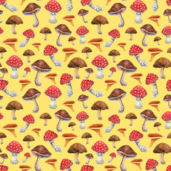 Watercolor mushrooms seamless pattern. Brown porcini, orange chanterelle, red amanita