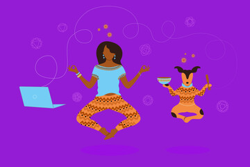 Young woman practicing yoga and meditation together with her dog using computer flying in air on purple color background.