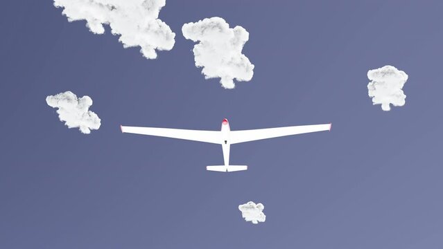a glider flying in the sky. view from below of a cloudy sky with a glider. 3d animation of a glider in the sky