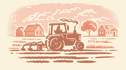 Tractor plowing field. Hand drawn sketch