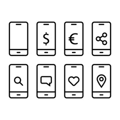 Smartphone icon set. Smartphone with money, share, like icons