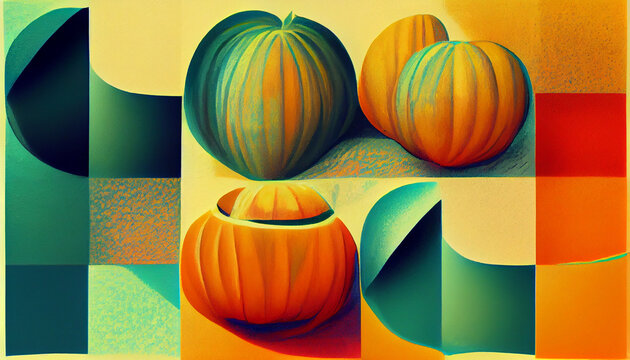 Abstract Orange pumpkin on green background, Autumn mood. copy space left.