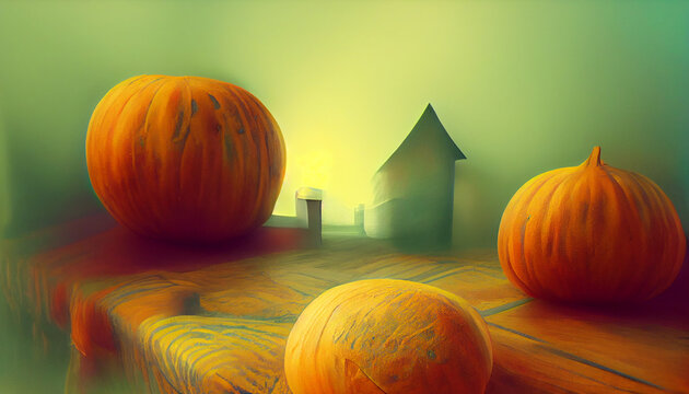 Abstract Orange pumpkin on green background, small house , copy space left. Autumn mood