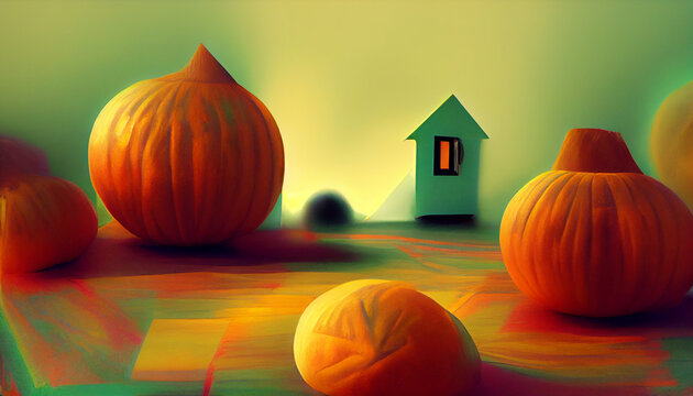 Abstract Orange pumpkin on green background, small house , copy space left. Autumn mood
