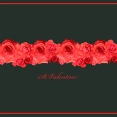 Red roses buds and flowers composition template design. St. Valentine card.