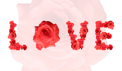The word Love. Text of roses buds and flowers design.
