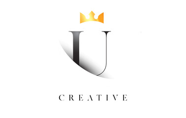 U Letter Logo Design with Golden Luxury Royal Crown Icon and Shadow Letter Vector