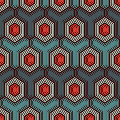 Honeycomb seamless pattern. Hexagon mosaic tiles ornament. Ethnic surface print. Repeated geometric figures background. Ornamental wallpaper. Modern geo design digital paper. Vector abstract art