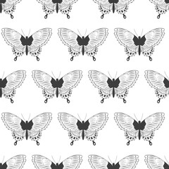 Seamless pattern with black silhouettes of butterflies isolated on a white background. Simple monochrome abstract outline design