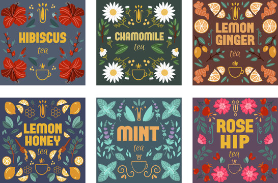 The set banners of herbal tea for packing. Healthy tea.