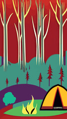 Camping picnic tent campground in outdoor hiking forest. 