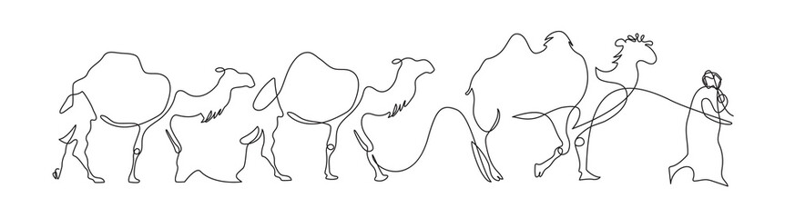 Camel caravan with driver. One line drawing. Minimalistic graphics. - obrazy, fototapety, plakaty