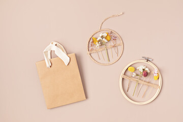 Handmade wreath with dry flowers. DIY autumn decoration idea. Artisan, small business, sustainable decor for fall holidays concept