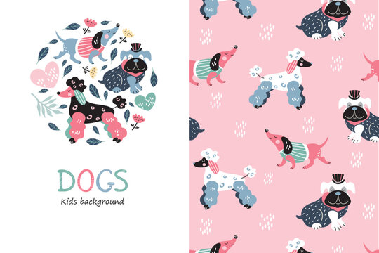 Pink background with dogs of different breeds. Cute cartoon pets. Dachshund, poodle, bulldog.