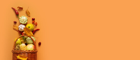 Autumn banner with harvest basket with corn, apples, zucchini and peppers on a orange background