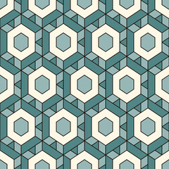 Honeycomb seamless pattern. Hexagon mosaic tiles ornament. Ethnic surface print. Repeated geometric figures background. Ornamental wallpaper. Modern geo design digital paper. Vector abstract work