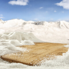Desk of free space and winter landscape. 
